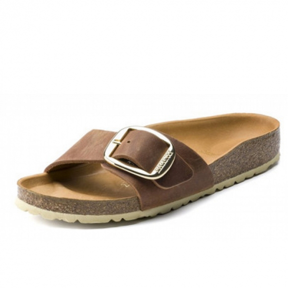 Birkenstock Madrid Big Buckle Pantolette in leoi cognac