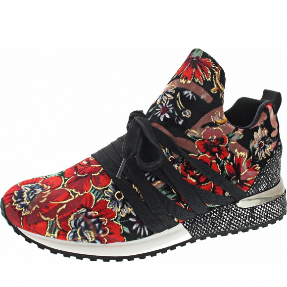 La Strada Slipper in velvet black-red flower